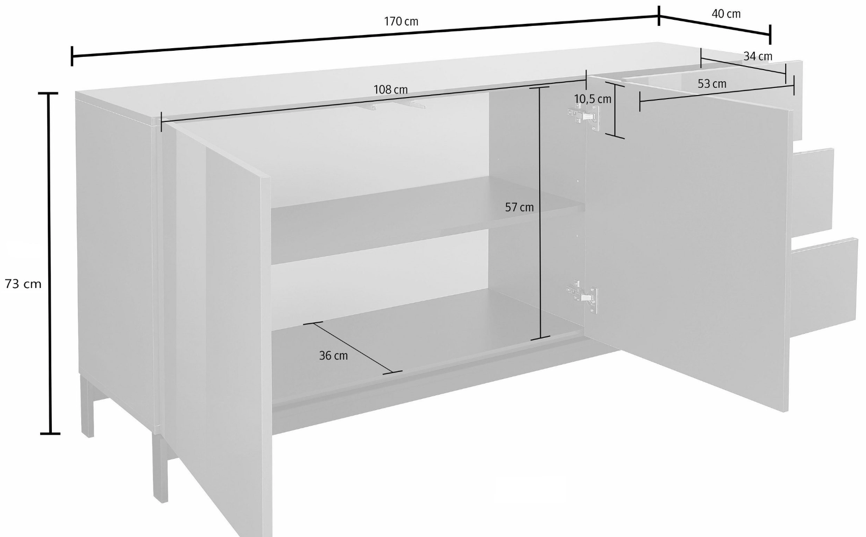 Madia moderna, 3 cassetti 2 ante in finitura bianco lucido
