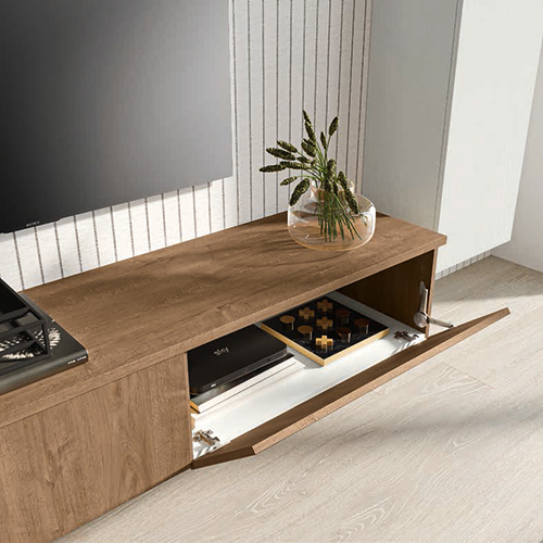 Parete moderna salotto, finitura Rovere bianco e Rovere cognac