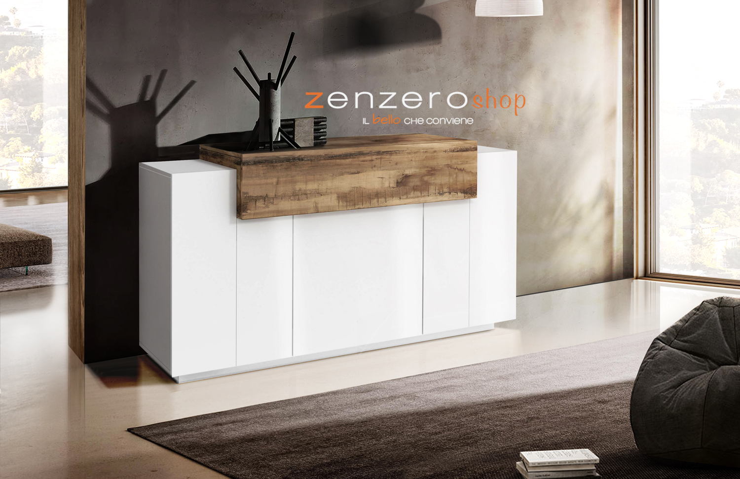 Offerta credenza moderna 3 ante, 1 ribalta in Bianco lucido e Pero