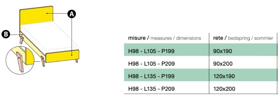 Letto singolo POP 03, finitura Orzo e Olmo Natura
