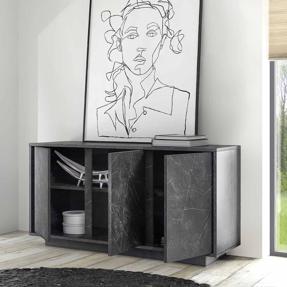 Madia 3 ante in finitura effetto Marmo Nero di Carrara