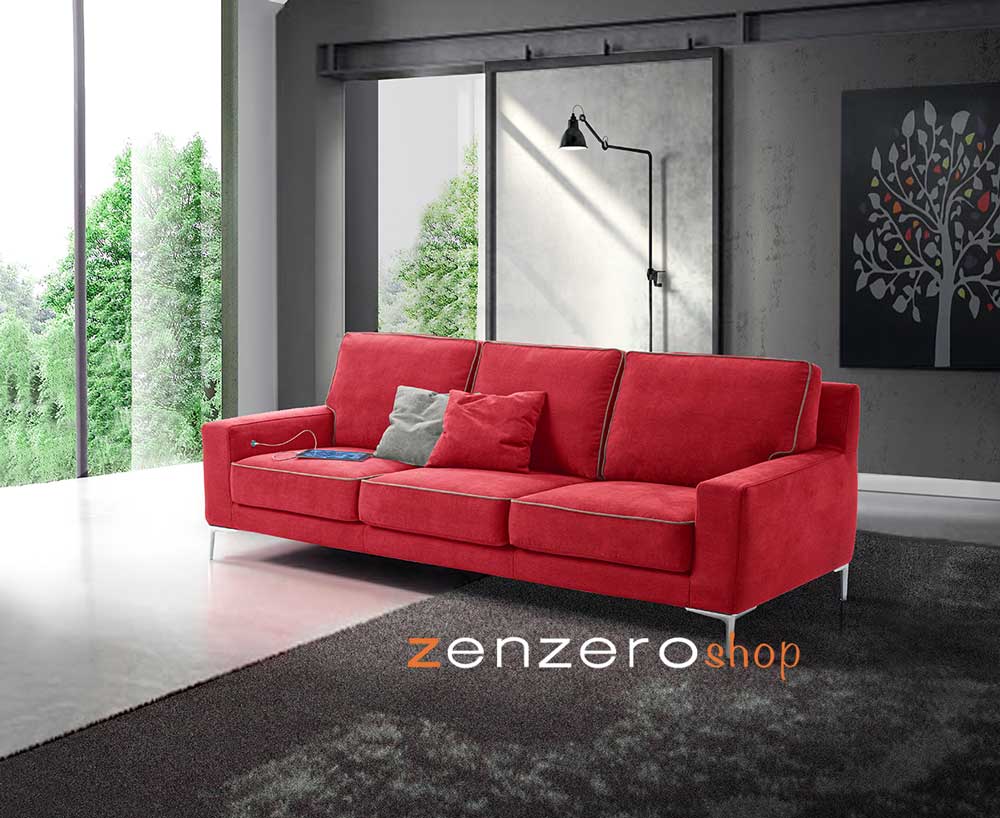 Divano Tor a 3 posti con presa USB integrata, tessuto Vino Rosso con bordino Grigio Chiaro