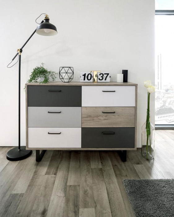 Cassettiera stile nordico a 6 cassetti, finitura Quercia, Bianca, Grigio e Antracite