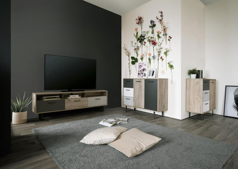 Soggiorno con 2 Madie e Porta TV con gambe in metallo, finitura Quercia, Bianca, Grigio e Antracite