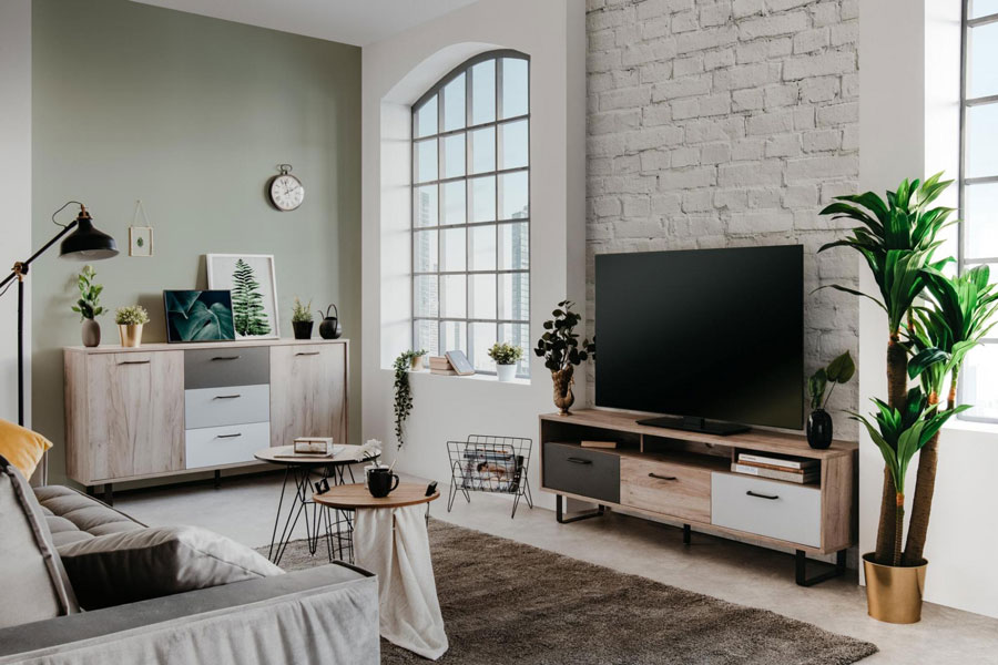 Soggiorno dallo stile Nordik con Porta TV e Madia con gambe in Metallo, finitura Quercia, Bianca, Grigio e Antracite