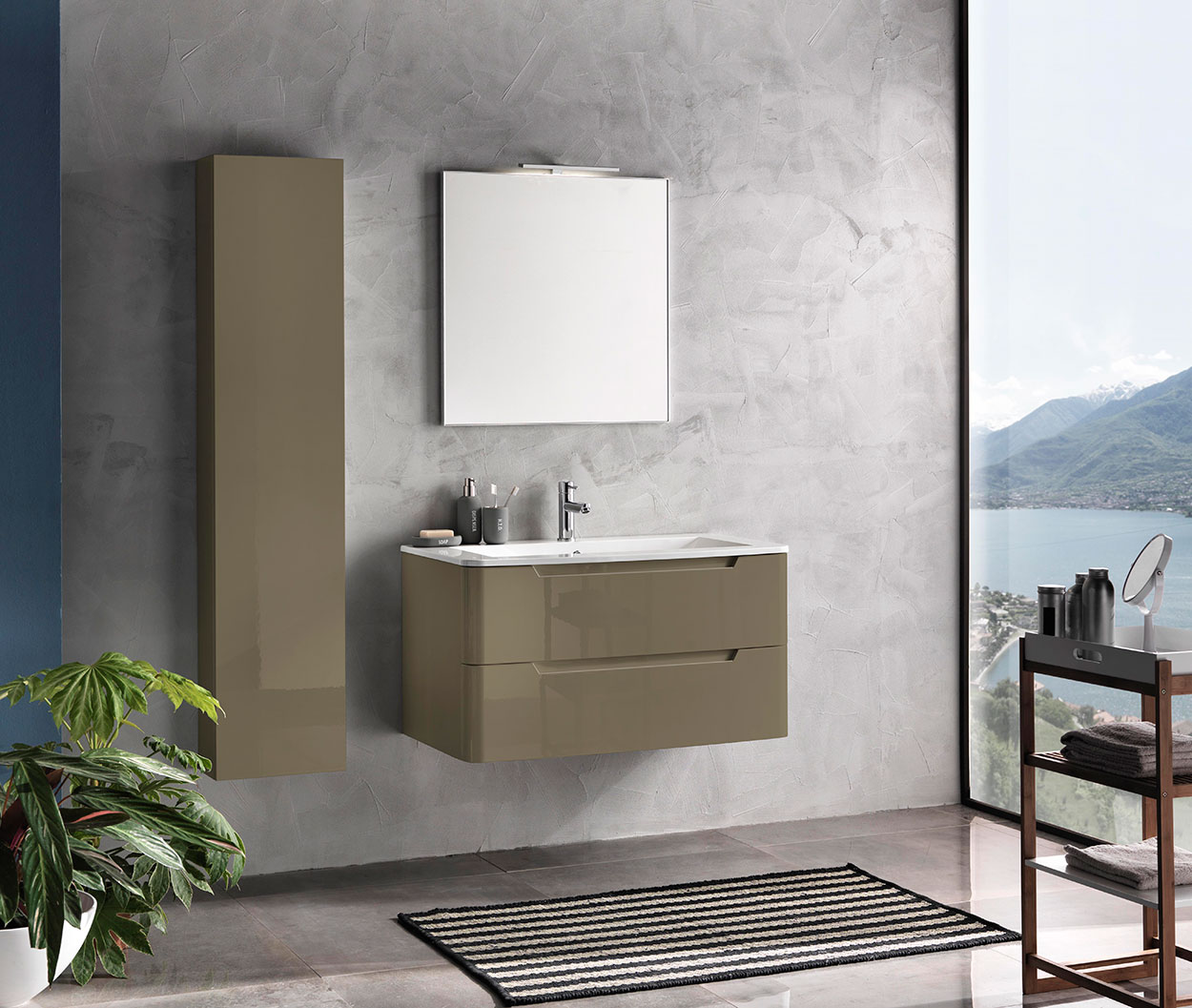 Mobile bagno moderno, 2 cassetti con maniglia a gola, finitura Tortora Lucido