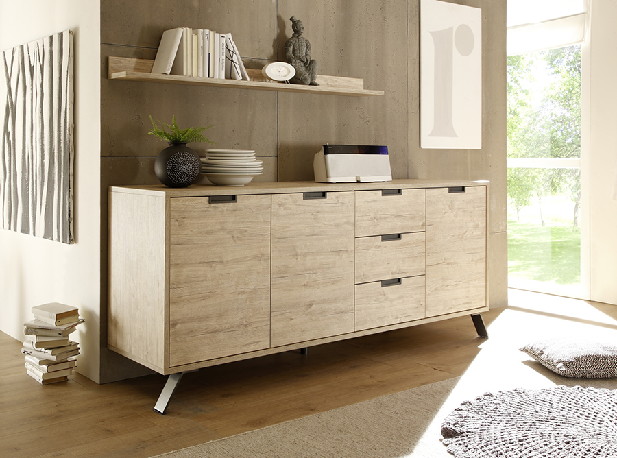 Credenza Moderna, Madia di Design, 3 ante e 3 cassetti, Legno Sherwood Oak