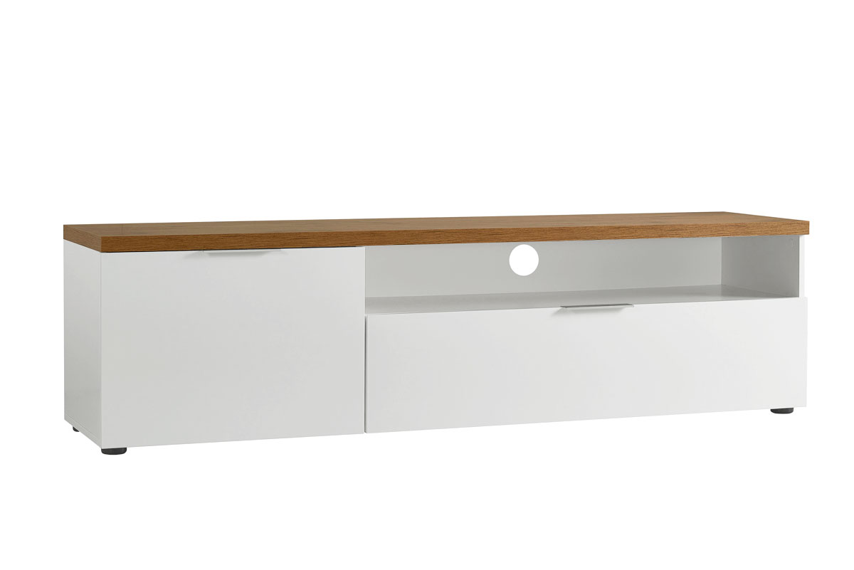 Porta TV moderno L.180 cm finitura Bianco laccato lucido e Castagno