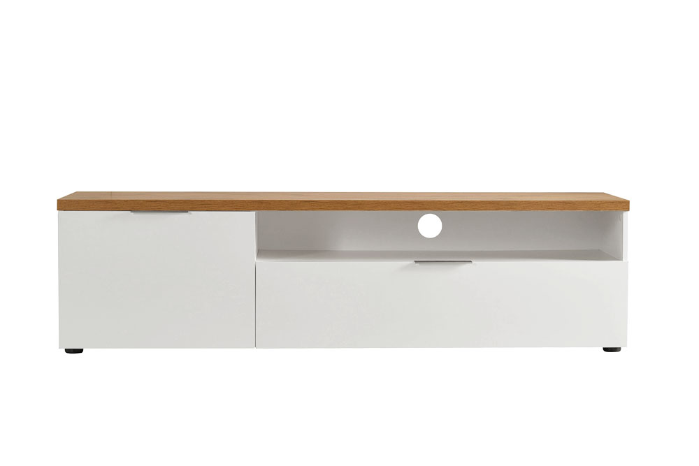 Porta TV moderno L.180 cm finitura Bianco laccato lucido e Castagno