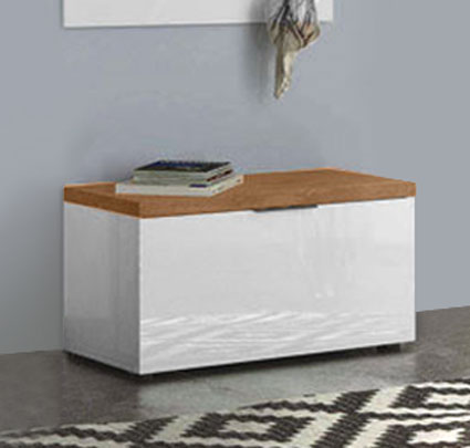 Cassapanca scarpiera finitura Bianco laccato lucido e Castagno, Made in Italy
