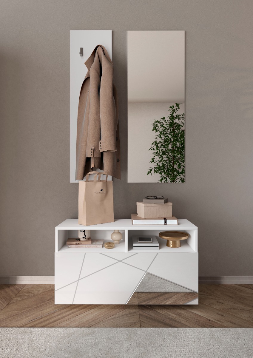 Innovativo Mobile da ingresso geometrico finitura Bianco lucido con dettagli a specchio