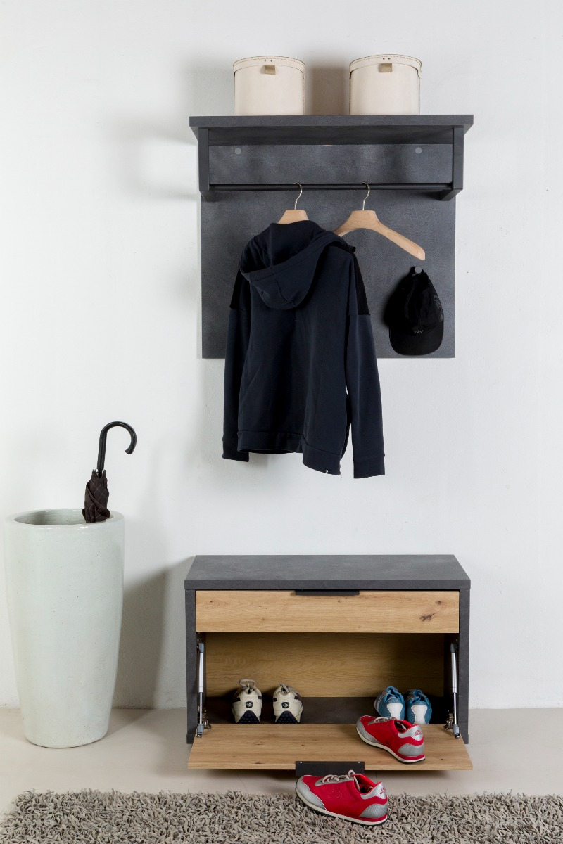 Panca con 1 ribalta e 1 cassetto Rovere chiaro e Grigio smoke, Made in Italy