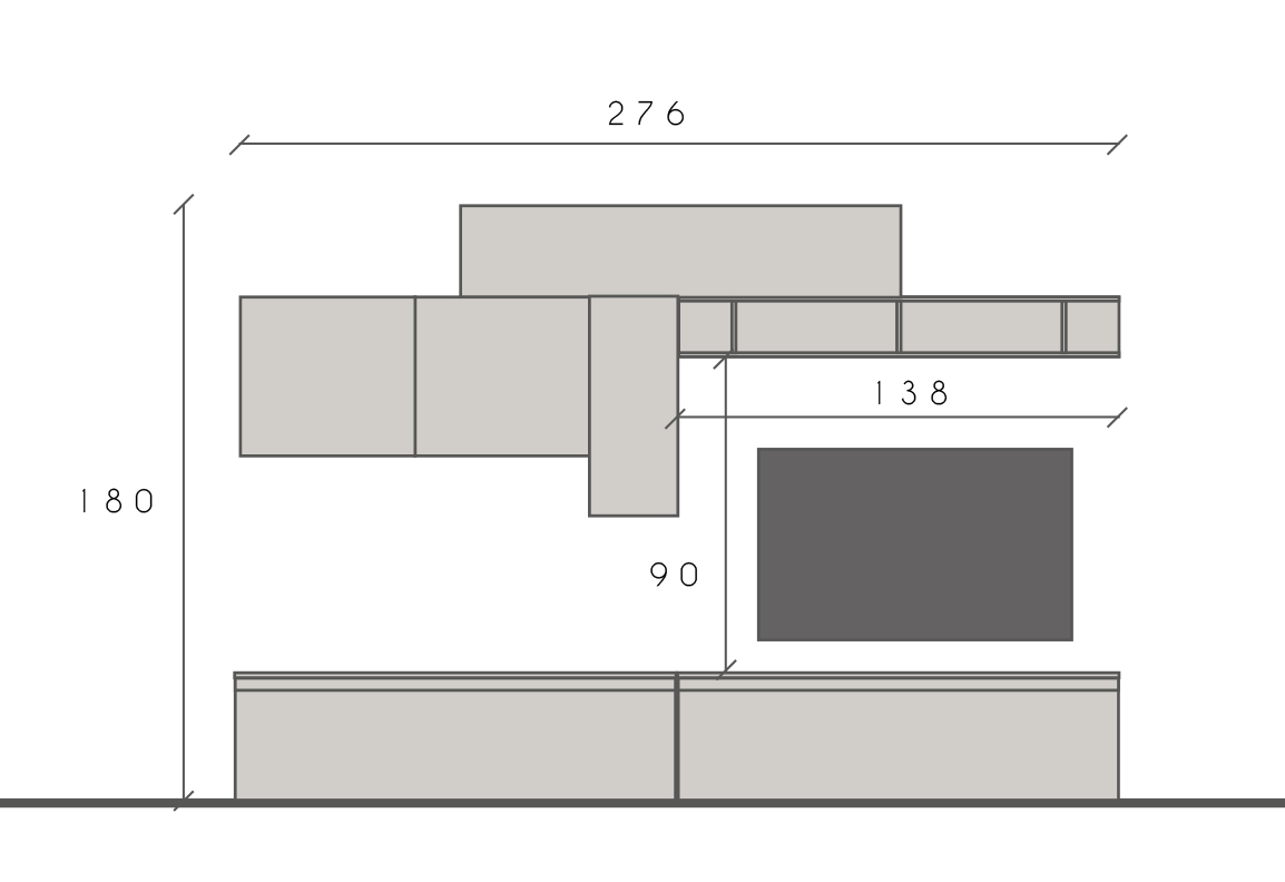 Parete attrezzata L.276 cm, finitura Ardesia e Piombo