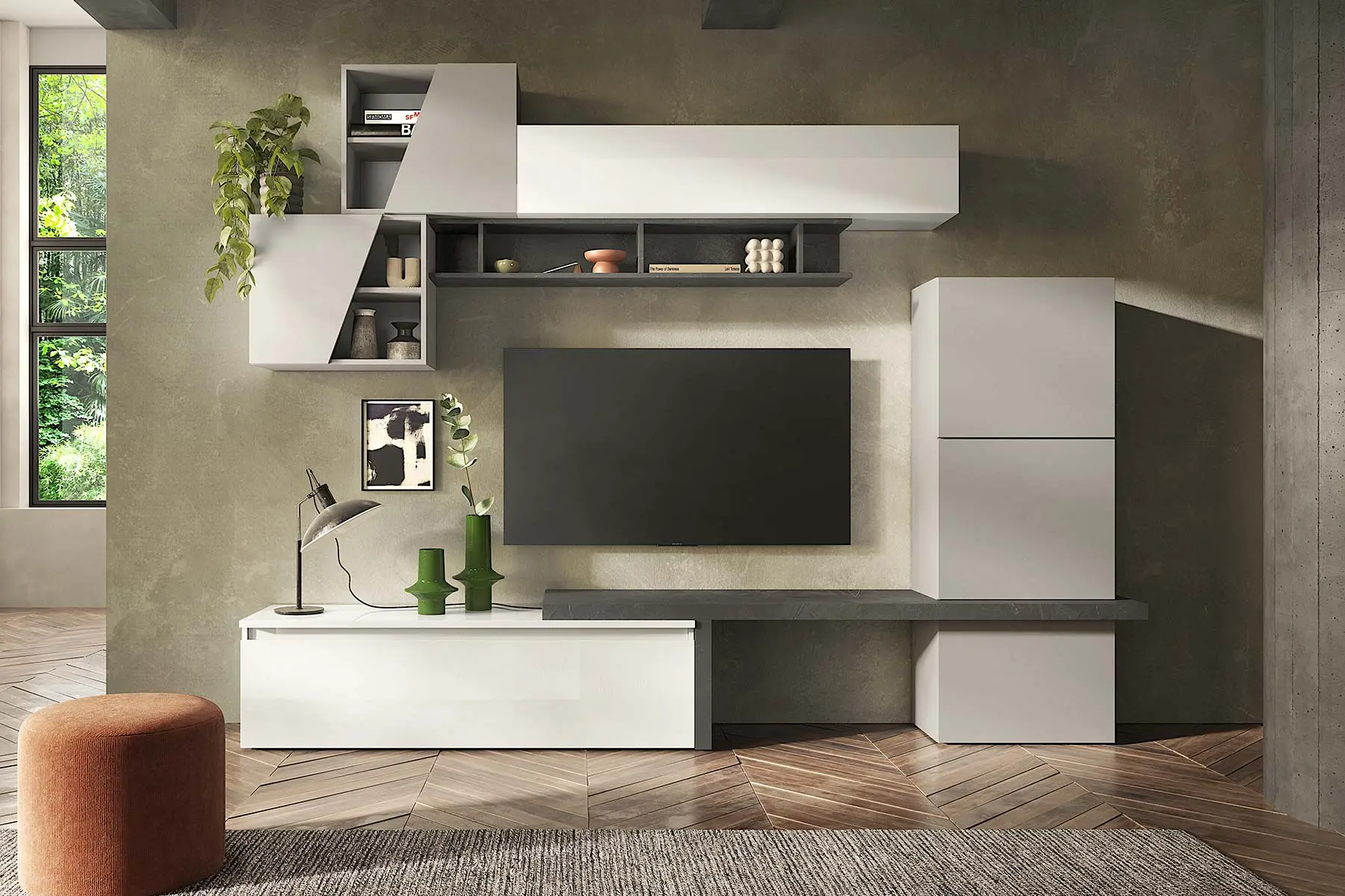 Aggiungi al carrello Parete attrezzata 280x40x202 h cm, Gesso e Bianco, collezione Logica