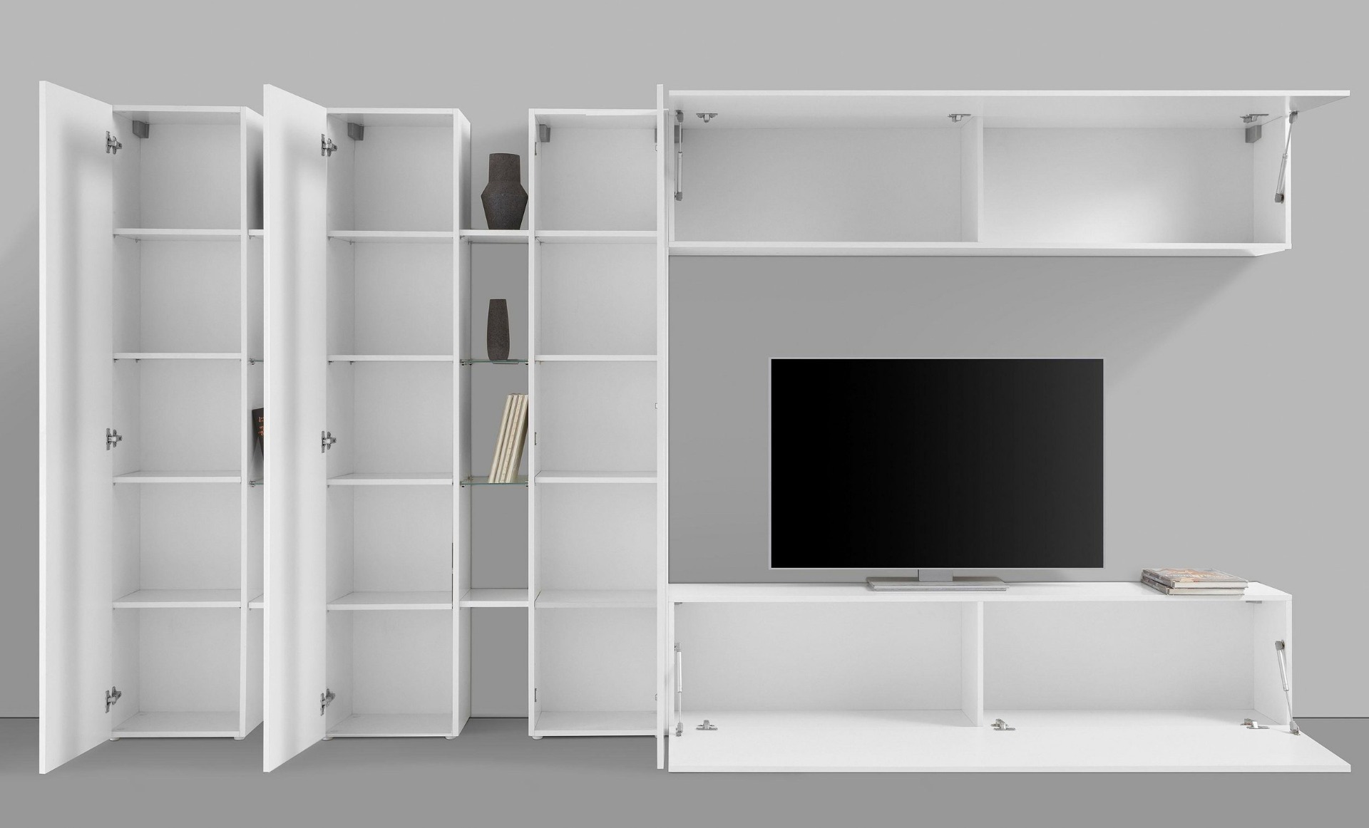 Parete attrezzata L.340 cm, finitura Bianco lucido, Made in Italy