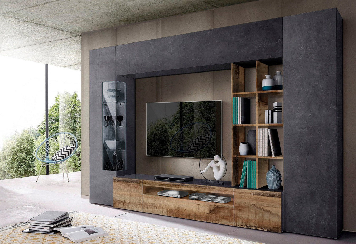 Offerta soggiorno scontato, parete attrezzata Ardesia e Pero