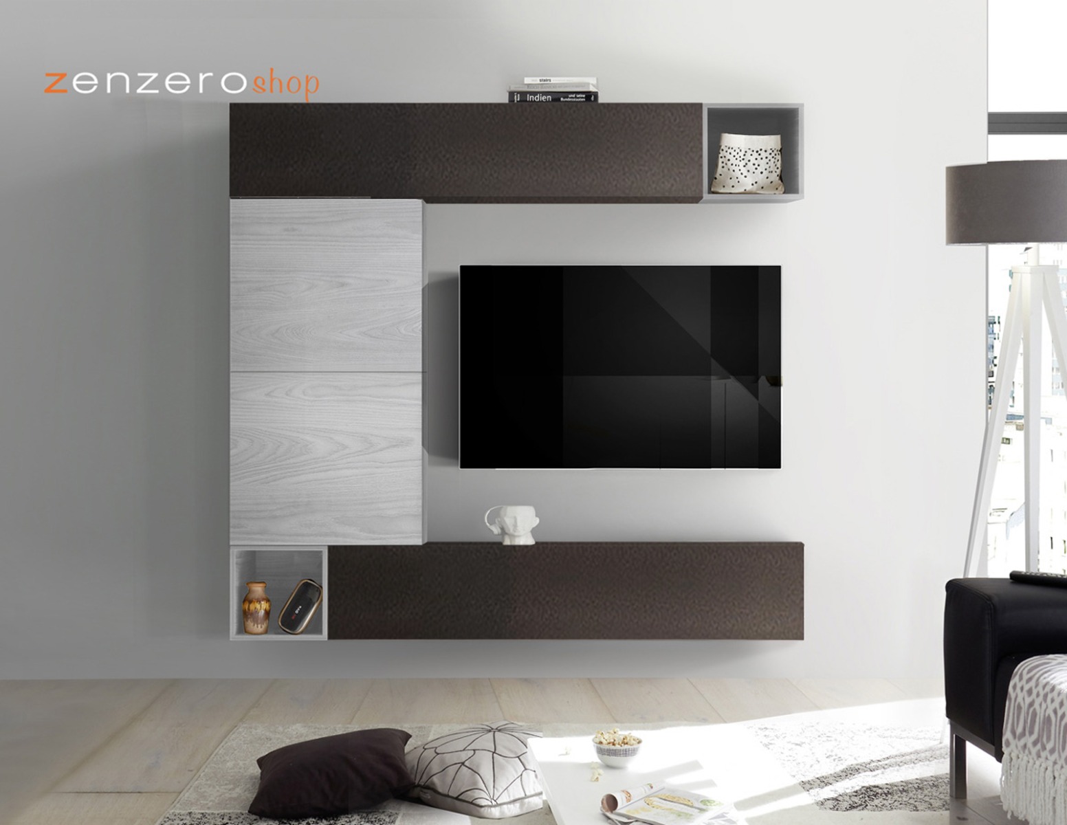 Parete attrezzate soggiorno Zenzero parete sospesa in Grigio Artico e Lava