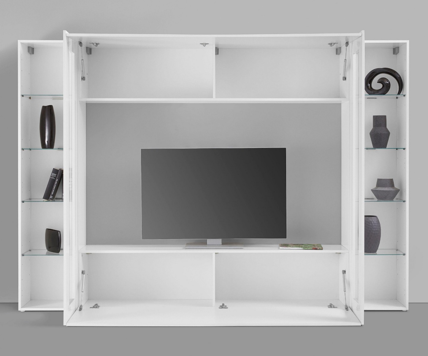 Parete attrezzata sospesa con 2 vetrine e 2 pensili orizzontali, finitura bianco lucido