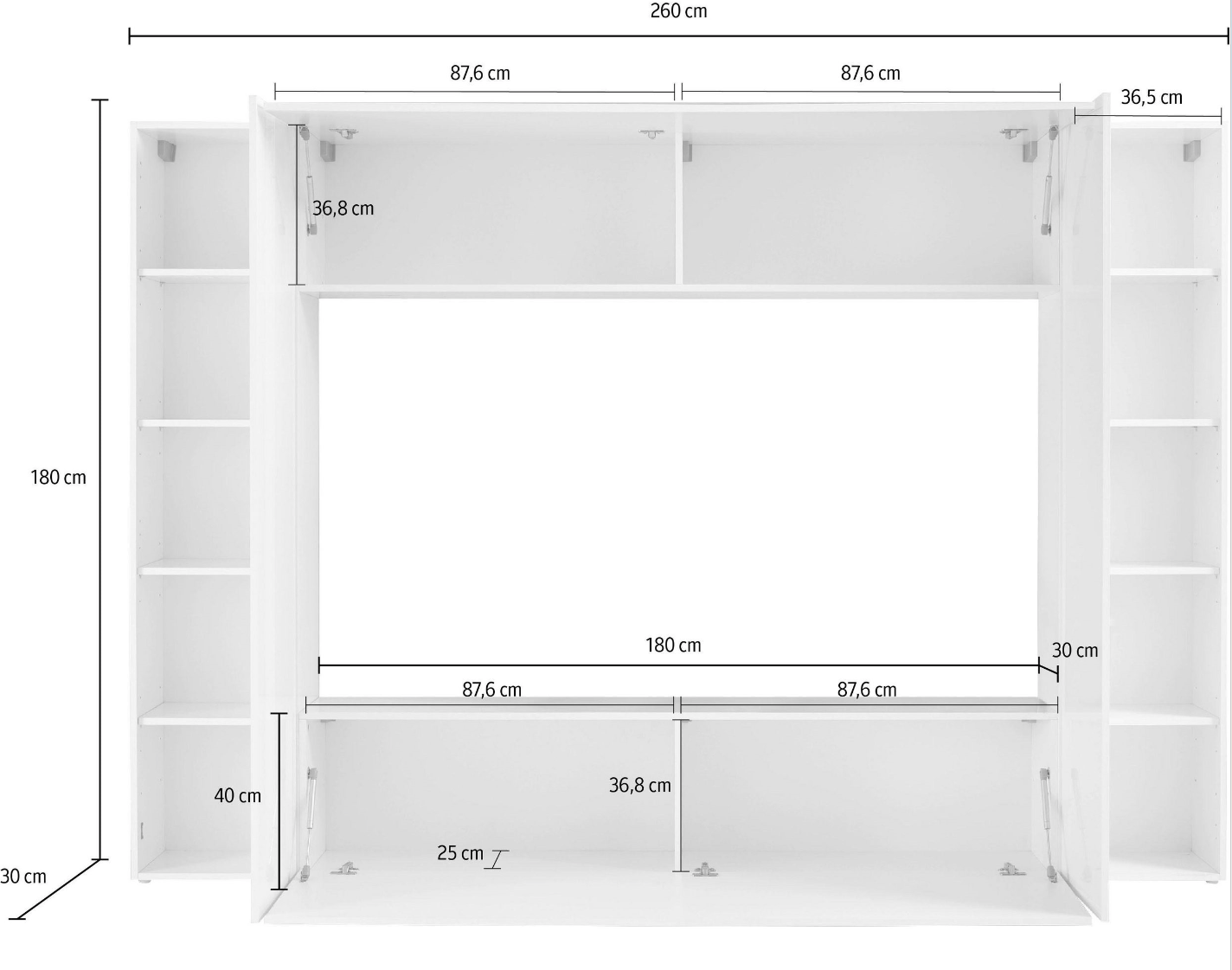 Soggiorno Zenzero, parete attrezzata sospesa con 2 pensili orizzontali e 2 colonne, finitura bianco lucido