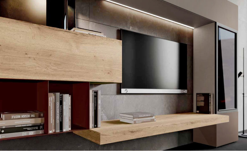 Parete attrezzata Made in Italy in finitura Legno bruciato, Bronzo e Moka