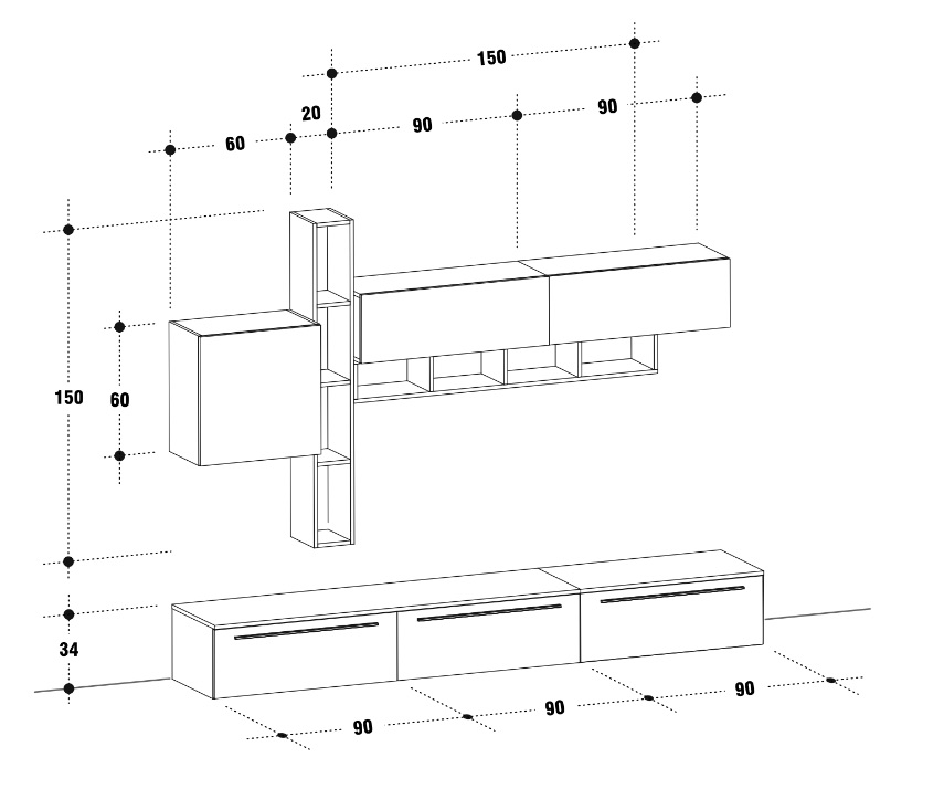 Parete attrezzata Olmo Perla con frontali e elementi sospesi in finitura Bianco seta e Visone e librerie color Fango