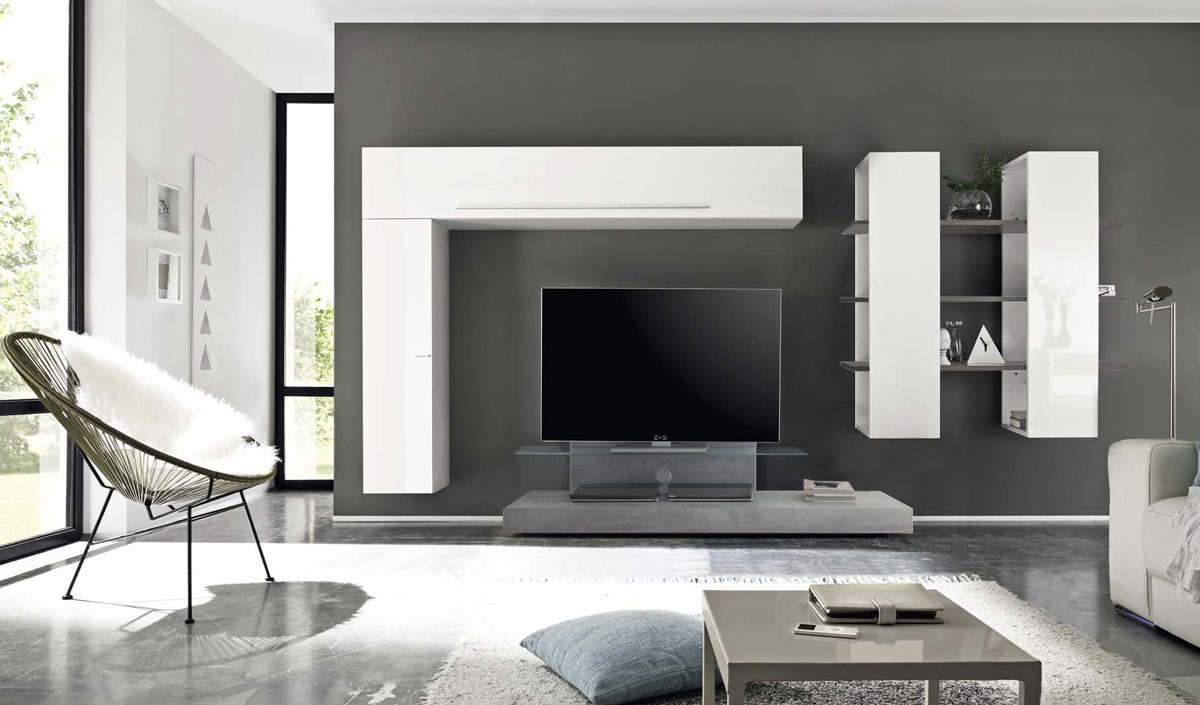 Parete attrezzata con Base TV, bianco laccato lucido e Beton