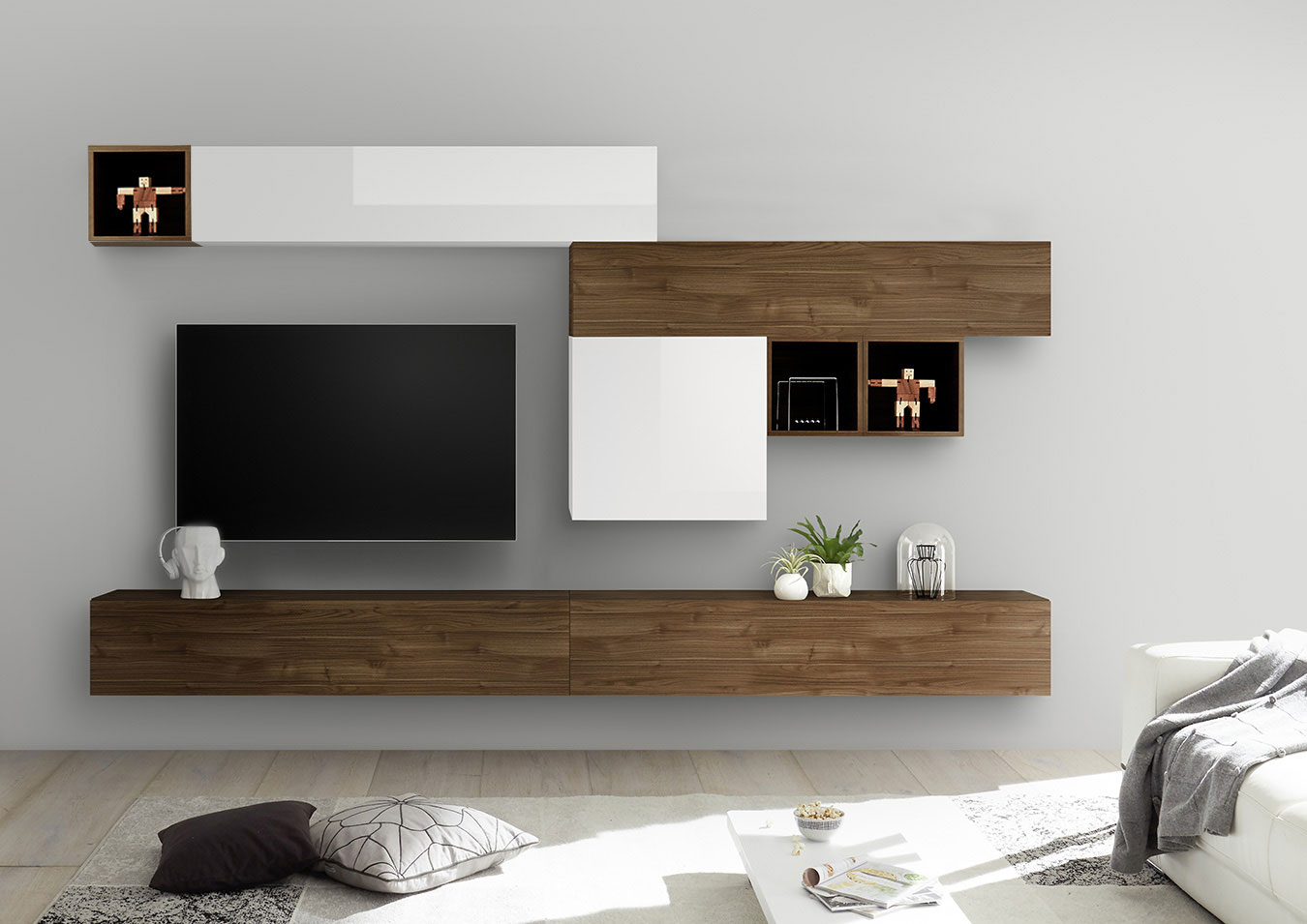 parete attrezzata bianca e noce dark