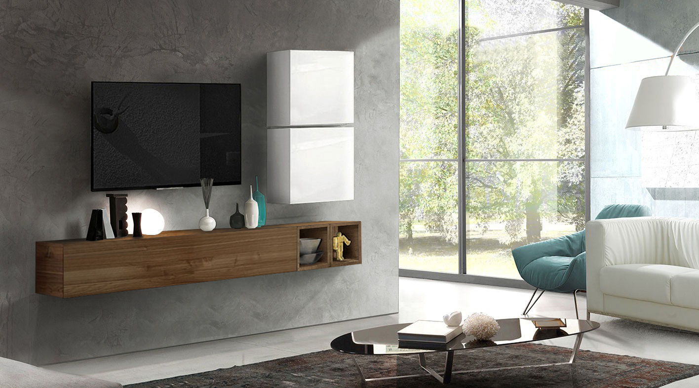 Soggiorno Zenzero moderno, parete attrezzata moderna con pensili in finitura Mercure, Noce Dark e Bianco Lucido