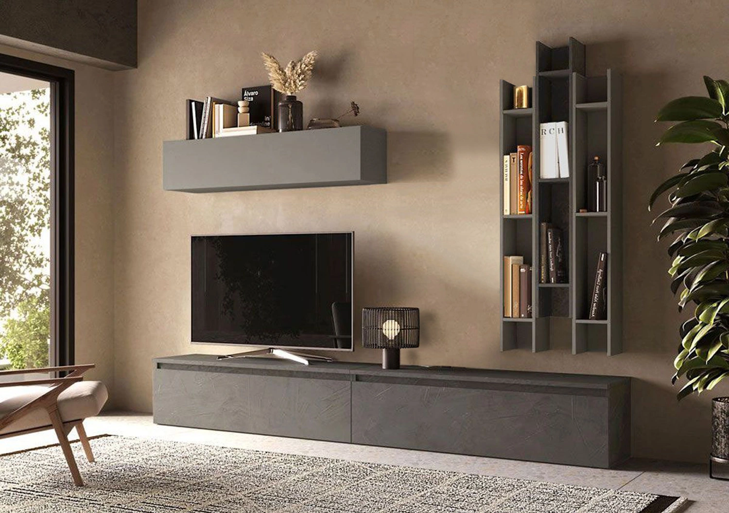 parete con librerie grigia