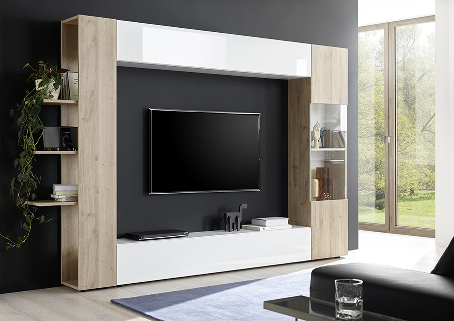 Parete soggiorno design soggiorno Zenzero  finitura bianco lucido e rovere Cadiz