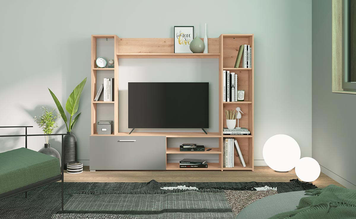 Parete attrezzata con ripiani, finitura Rovere e Grigio grafite