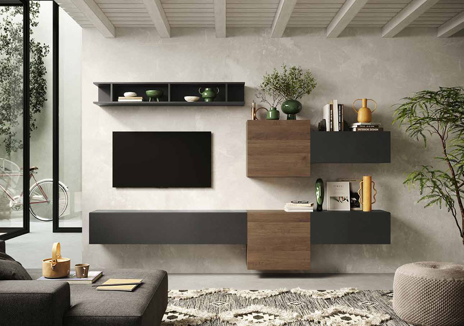 Parete attrezzata soggiorno moderno, finitura Lava e Mercure