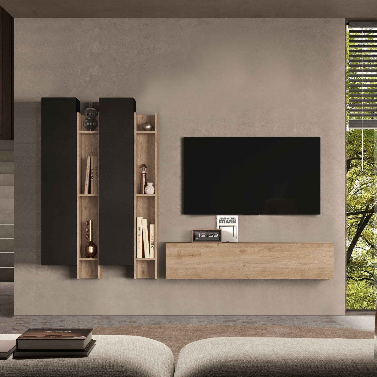 parete sospesa con librerie