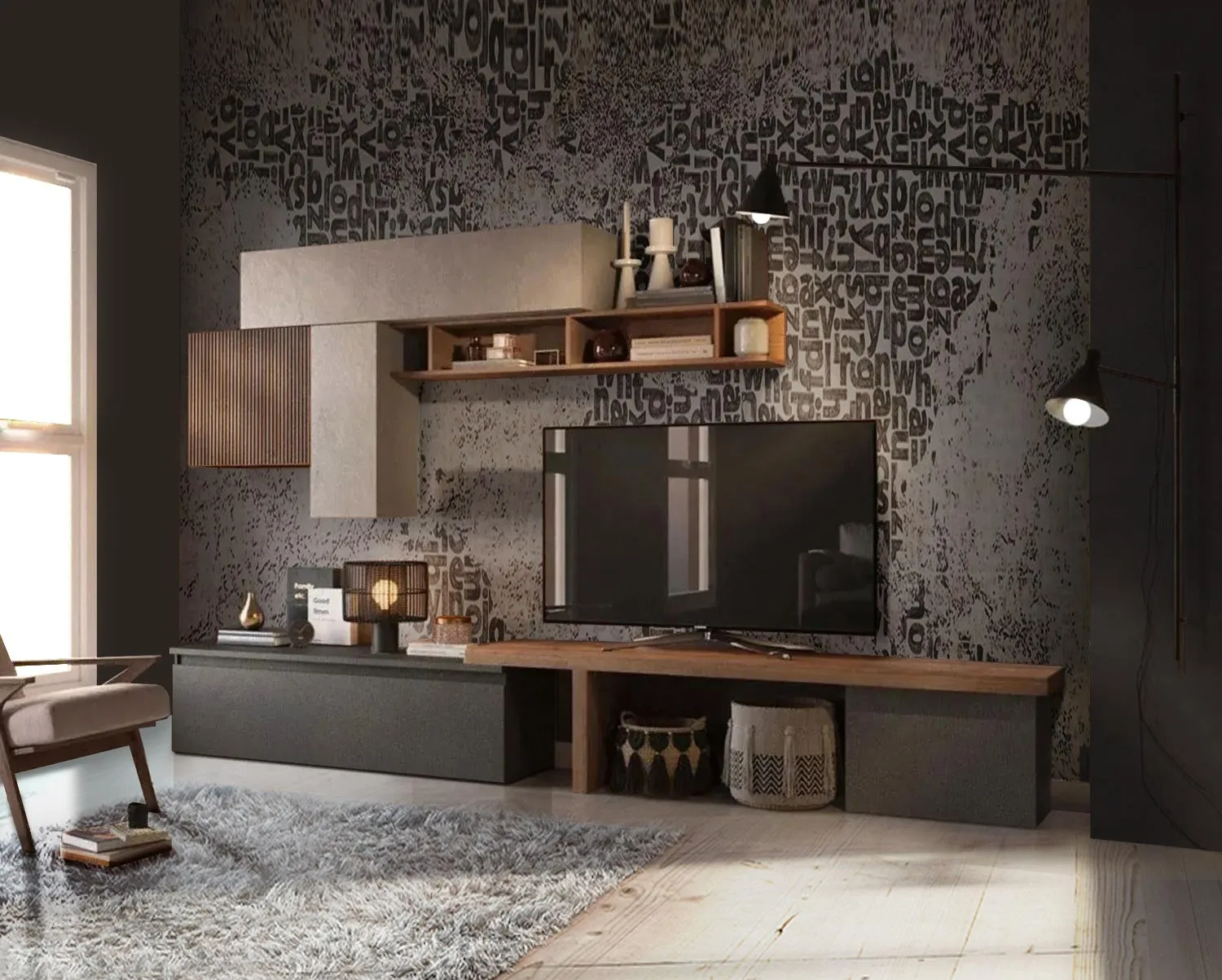 Acquista ora Parete Attrezzata Moderna 280x40x202 h cm, Mercure cannettato, Argilla e Lava, collezione Logica