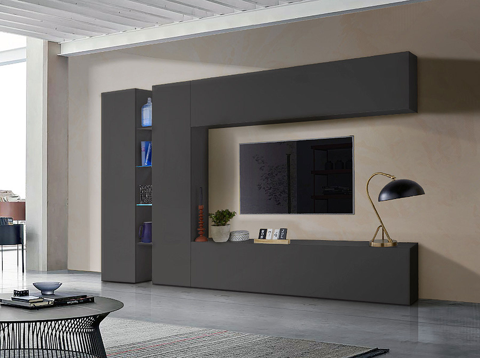 Parete attrezzata economica e moderna con vetrina L.280 cm, finitura Antracite lucido