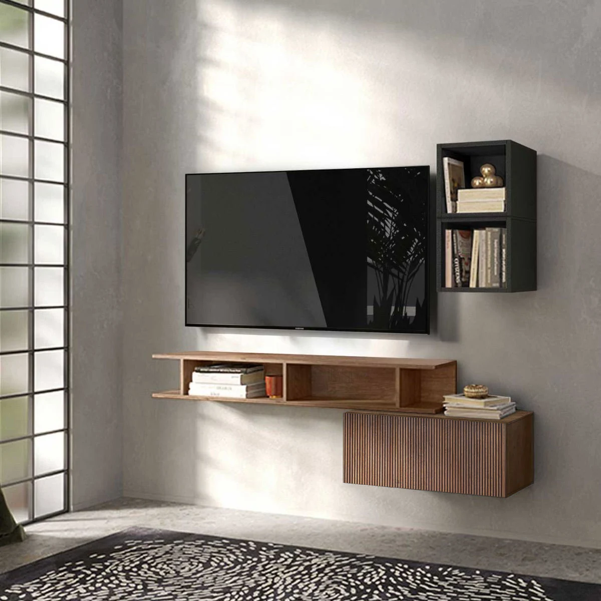 Aggiungi al carrello Parete attrezzata TV 150x30x126 h cm, Lava e Mercure cannettato, collezione Logica