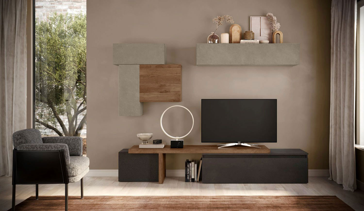 Parete attrezzata Made in Italy 240x190x40, di colore Lava, Argilla e Mercure, collezione Logica