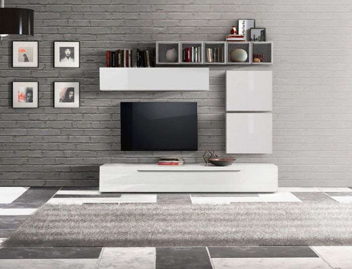 Design parete soggiorno Zenzero parete attrezzata moderna e di design Bianco Lucido e vani Gesso