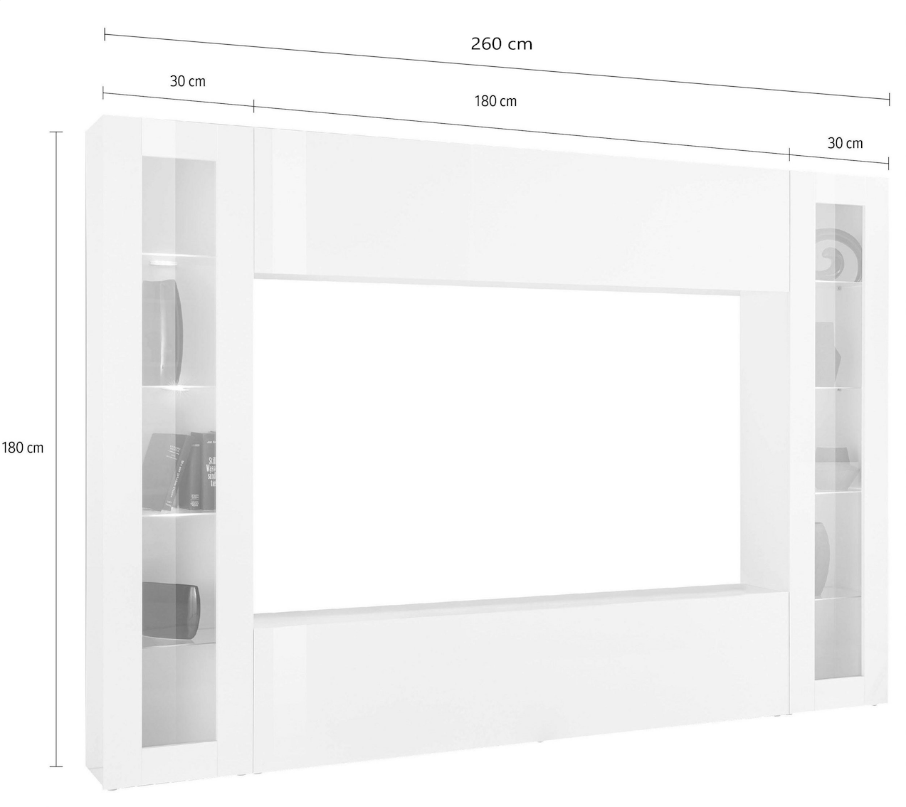 Parete attrezzata sospesa con 2 vetrine e 2 pensili orizzontali, finitura bianco lucido