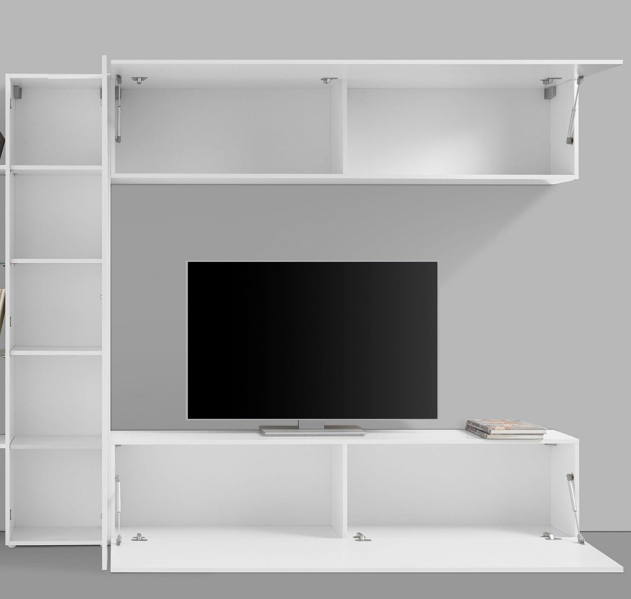 Soggiorno Zenzero, parete attrezzata con 2 pensili orizzontali e 1 vetrina laterale, finitura bianco lucido