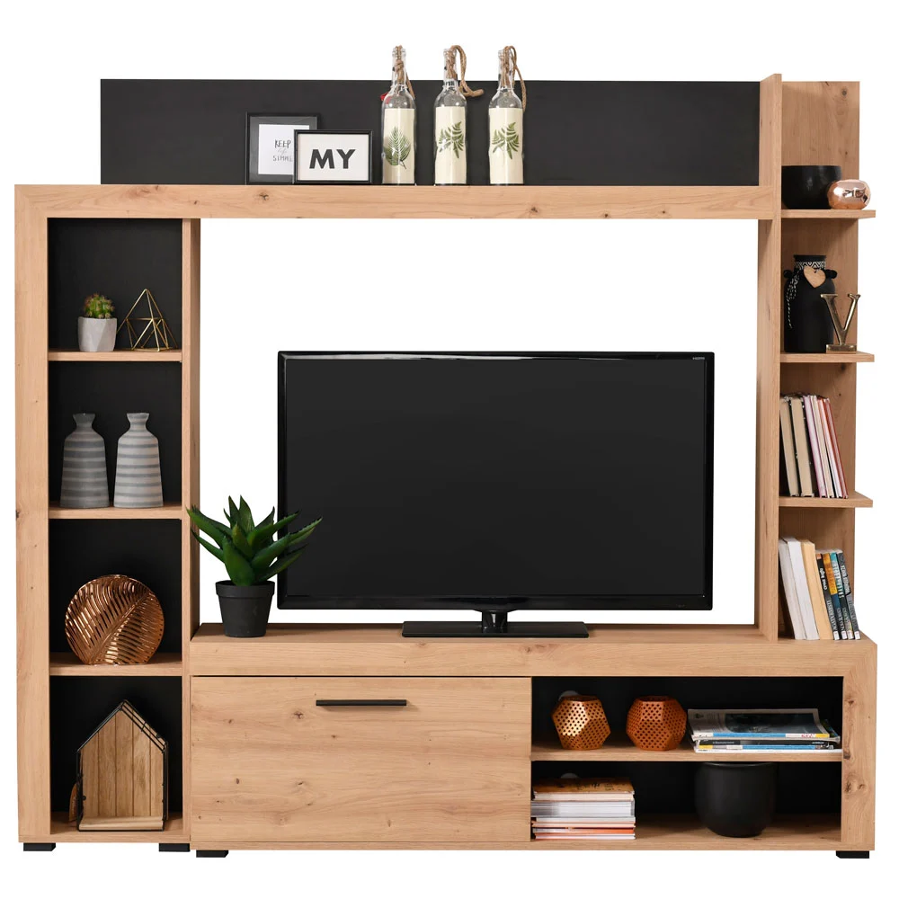 Parete attrezzata moderna finitura Rovere e Nero Zenzero Shop