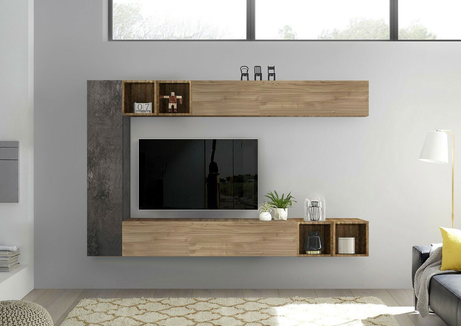 Soggiorno Zenzero parete attrezzata sospesa moderna in finitura Cadiz e Piombo