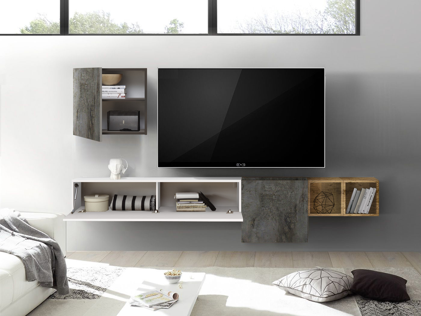 Parete attrezzata sospesa Bianco Lucido Miele e Ossido