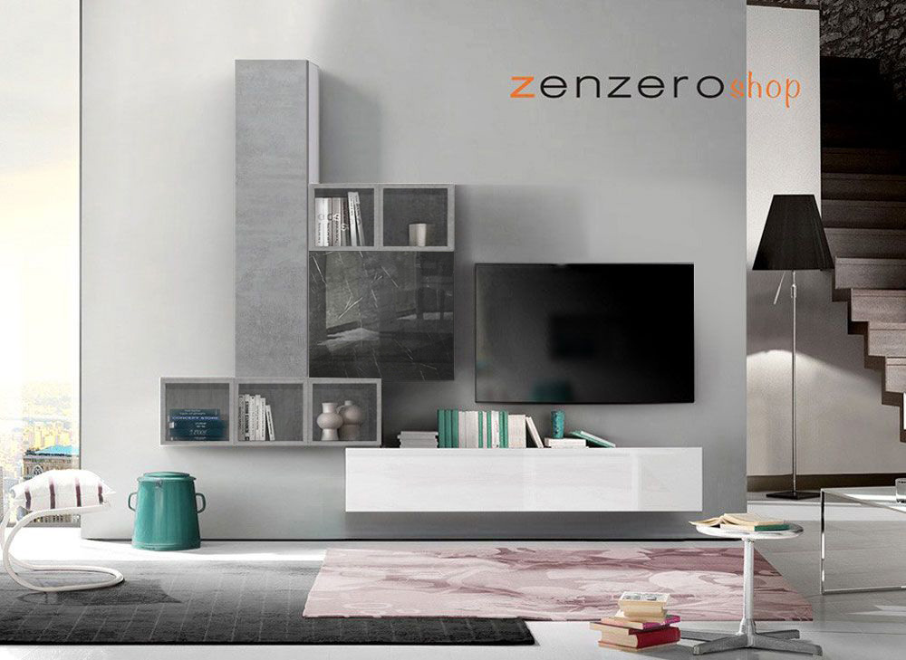 Soggiorno Zenzero parete attrezzata moderna finitura  Marmo Nero e Beton