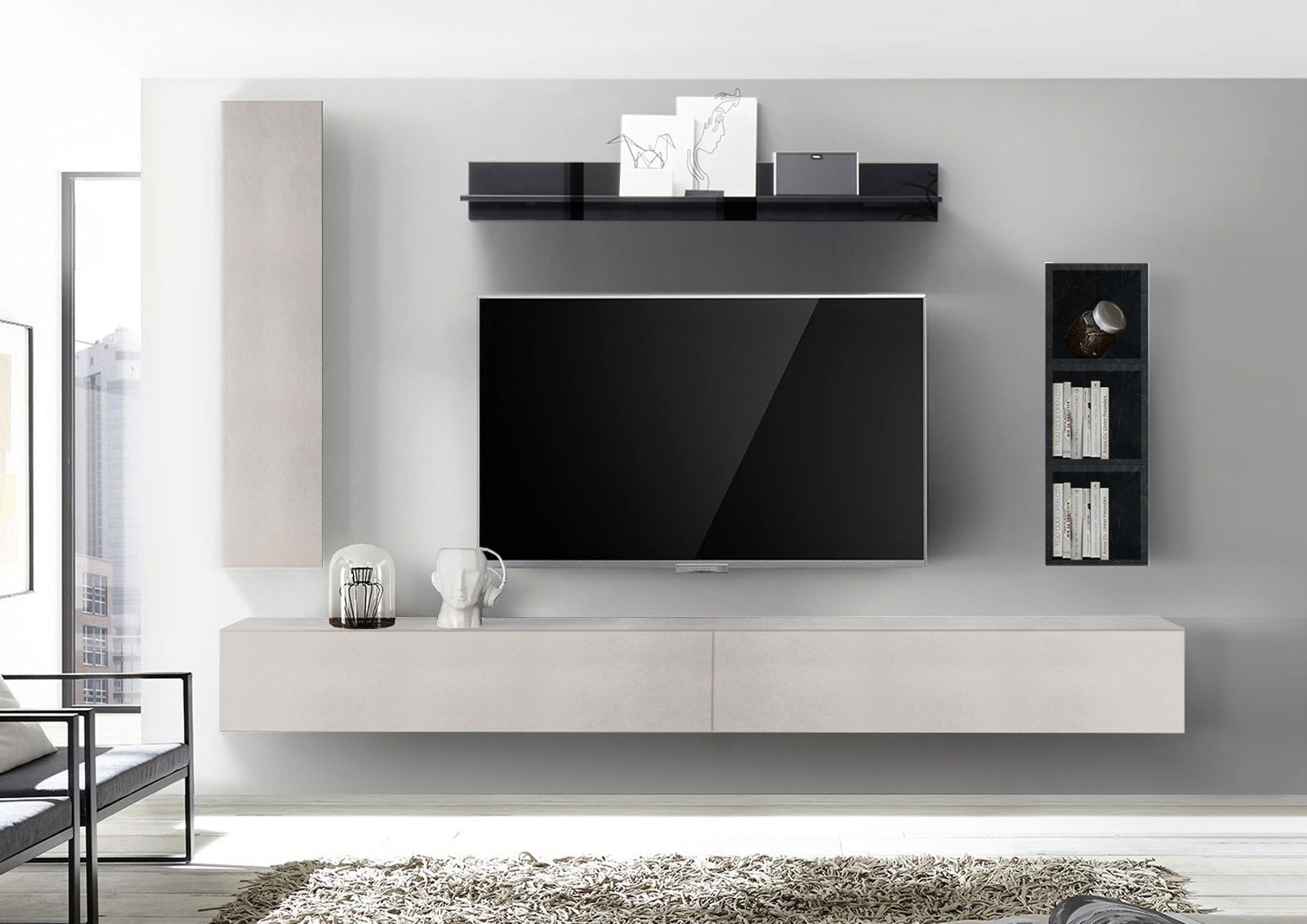 Soggiorno Zenzero parete attrezzata sospesa moderna in finitura Nero e Gesso