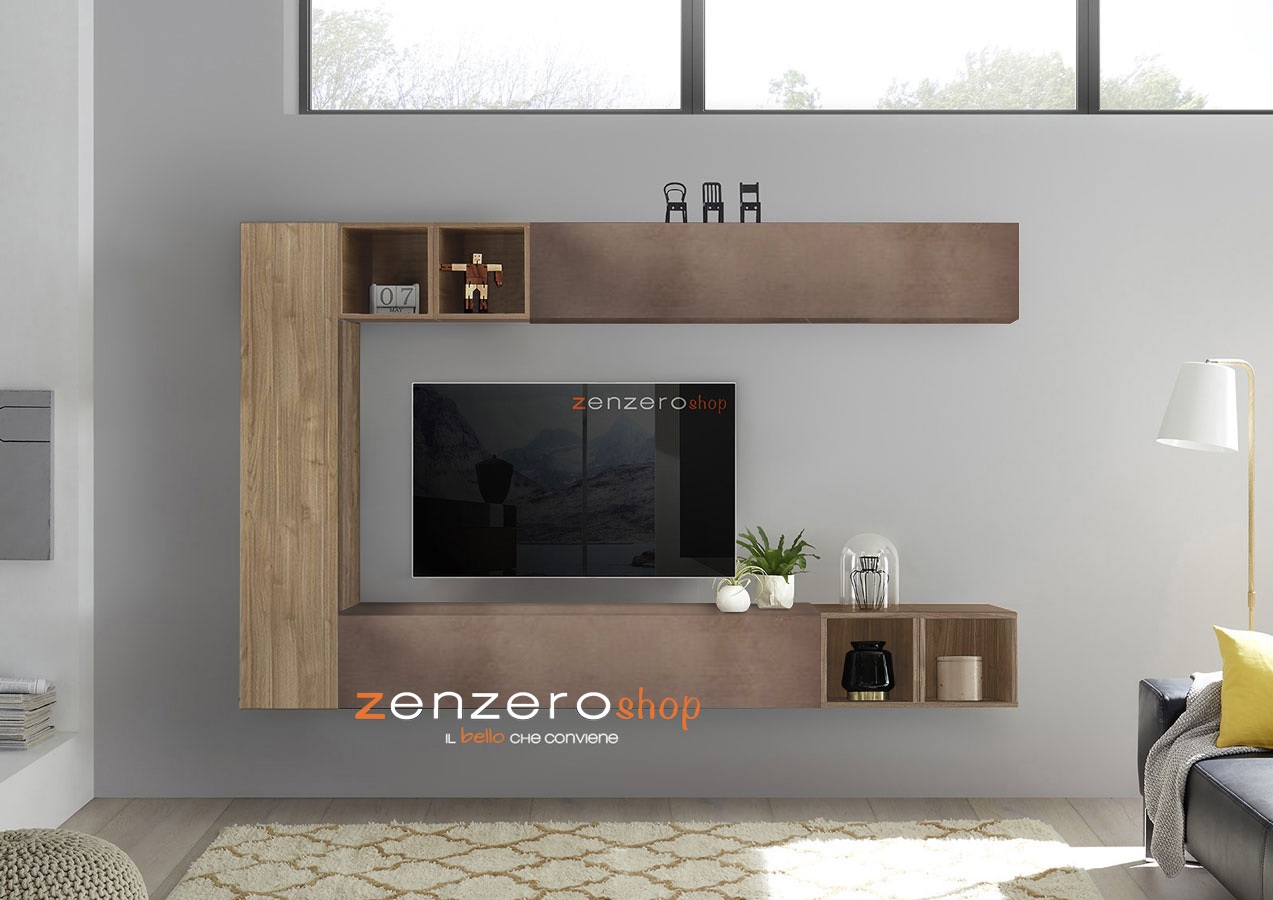 Parete attrezzata sospesa moderna in finitura Bronzo e Noce Stelvio