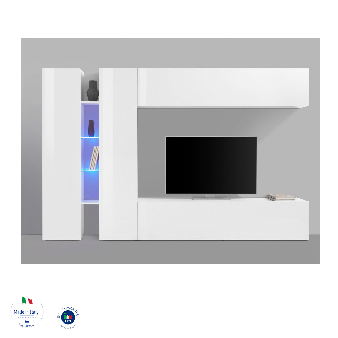 Conveniente e funzionale Parete attrezzata L.280 cm, finitura Bianco lucido 