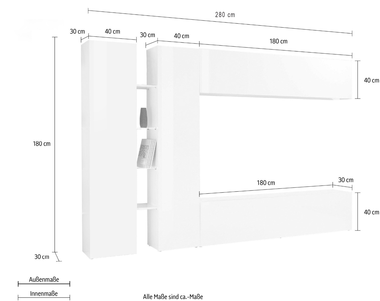 Conveniente e funzionale Parete attrezzata L.280 cm, finitura Bianco lucido 