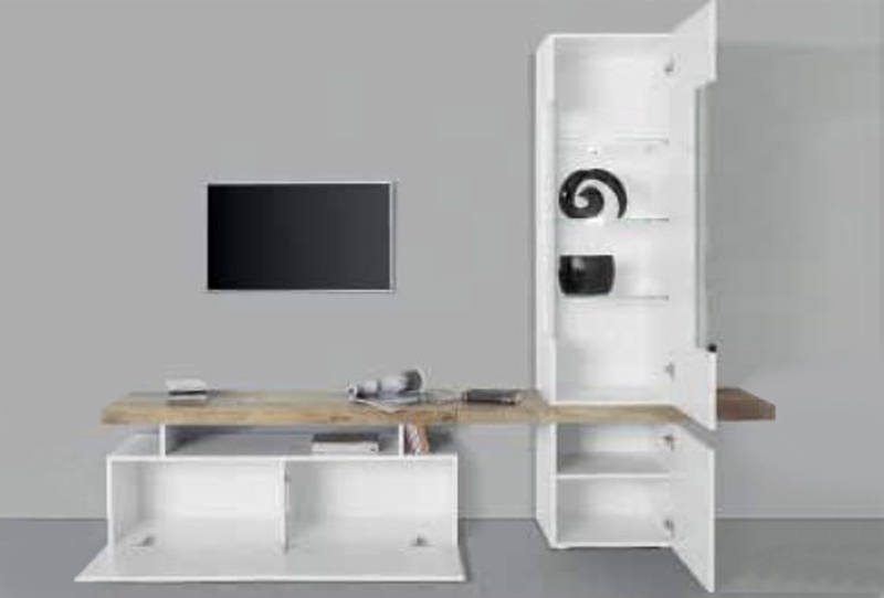 Parete attrezzata con vetrina, Bianco Lucido e Ardesia