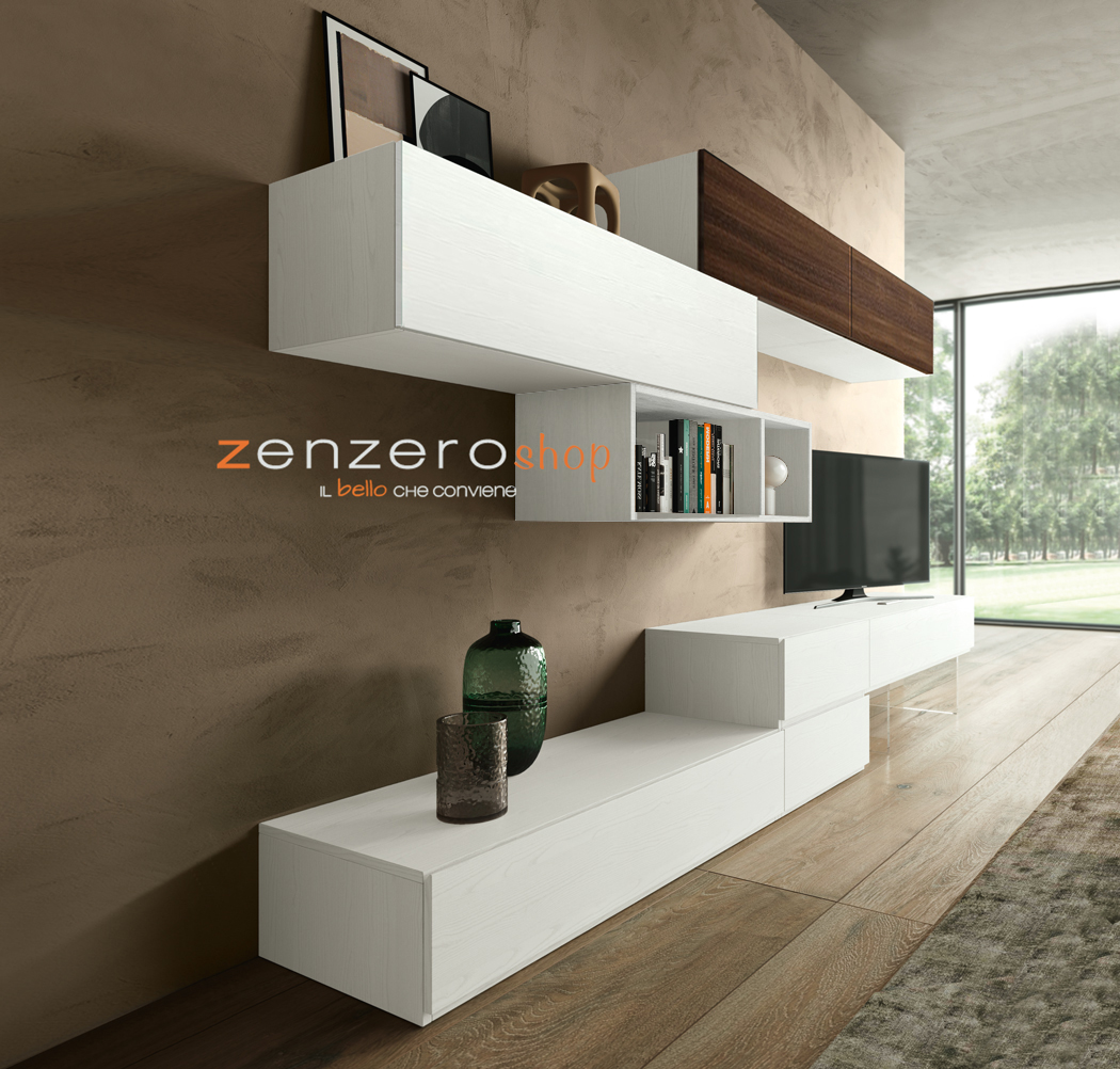 Parete attrezzata Alef  in finitura Frassinato bianco e Quercia brown